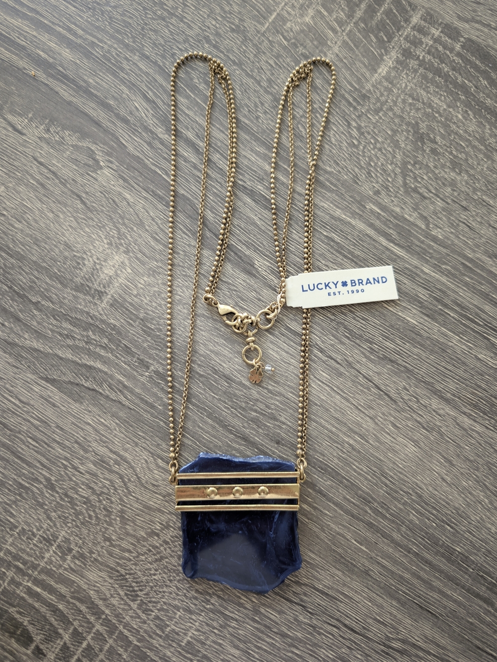NWT Lucky Brand Gold-bar Necklace with Cobalt Blue Stone Slab Pendant